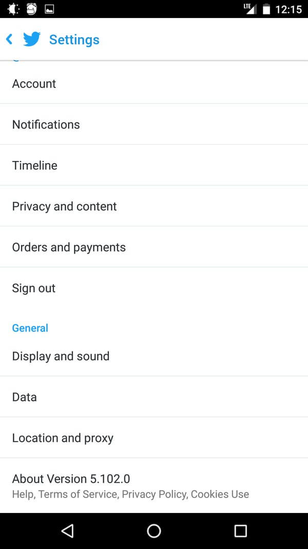 Screen shot of Twitter for Android version 5.102.0 without the accessibility option.