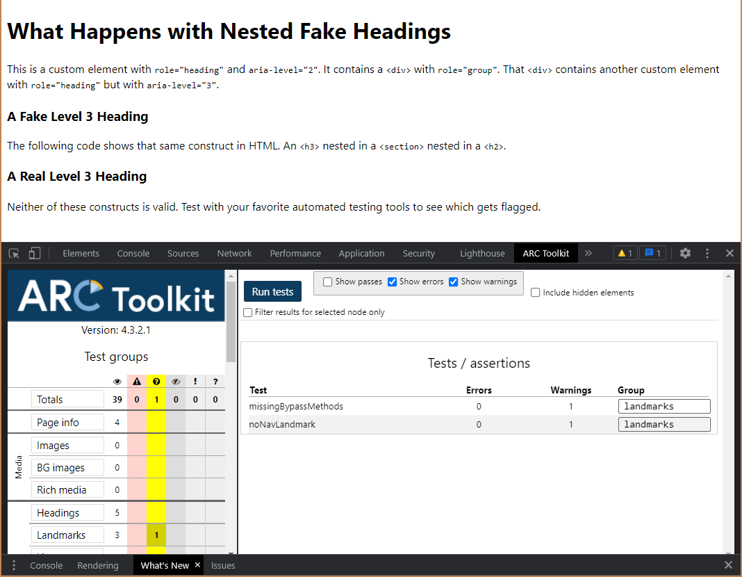 ARC Toolkit warns me there is no method to bypass the block of content and also there is no nav element.