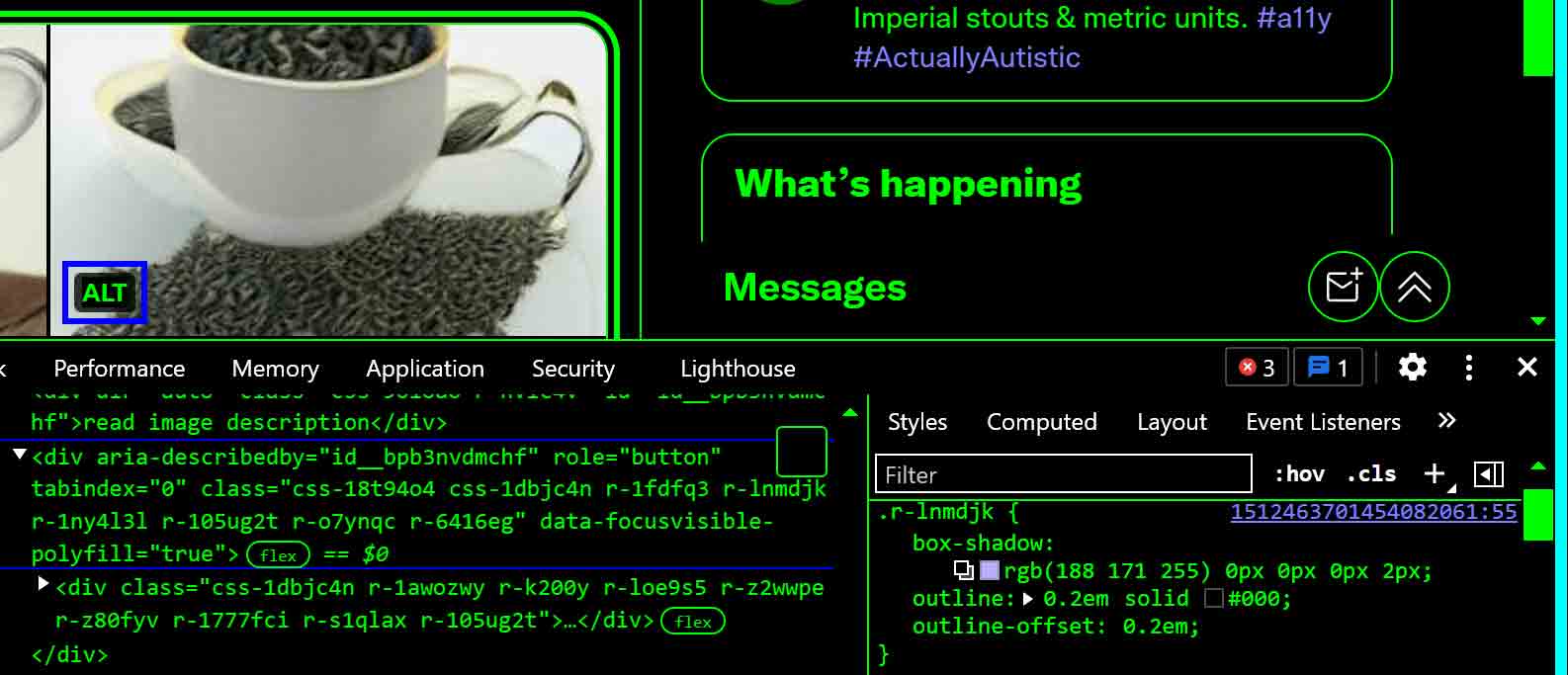 Windows High Contrast Mode with the styles in this tweet applied. The ‘ALT’ badge has a visible focus indicator.