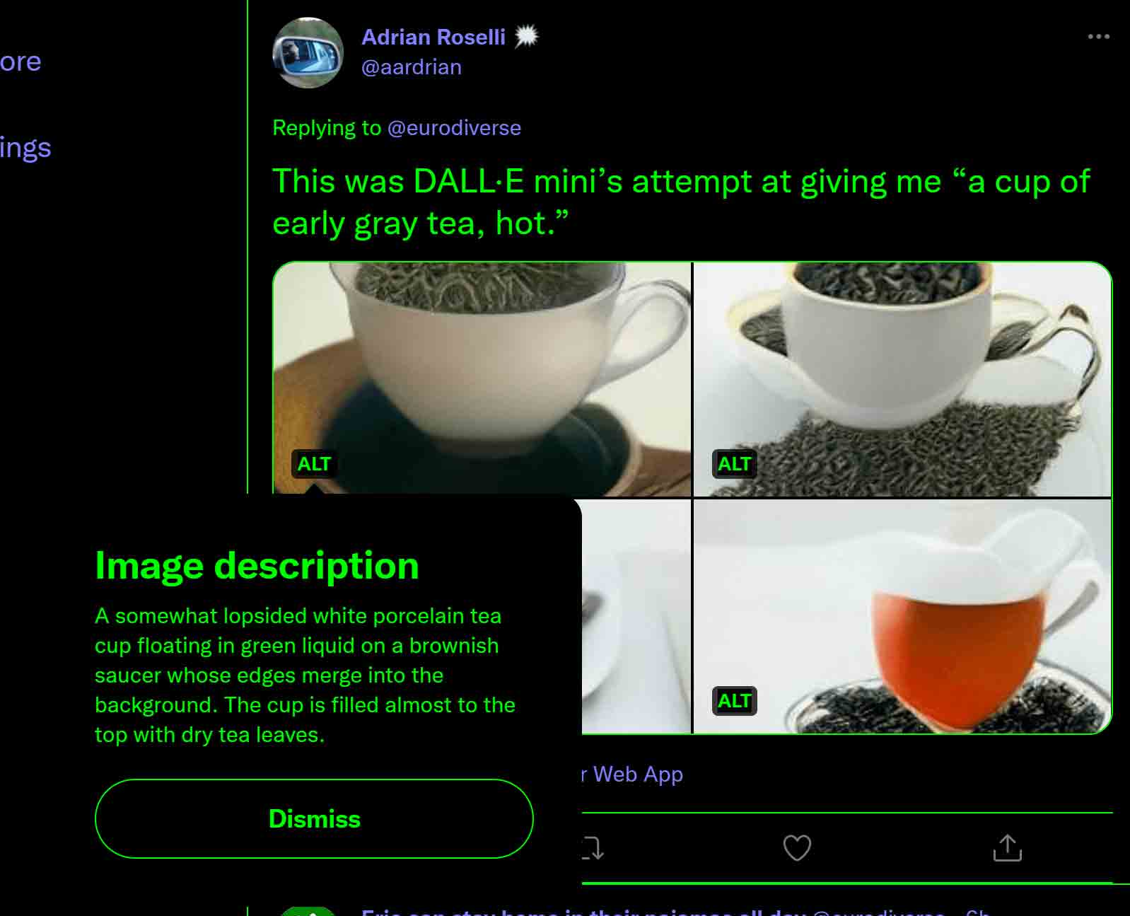 The alternative text dialog, also green text on black, also with no discernable focus style.