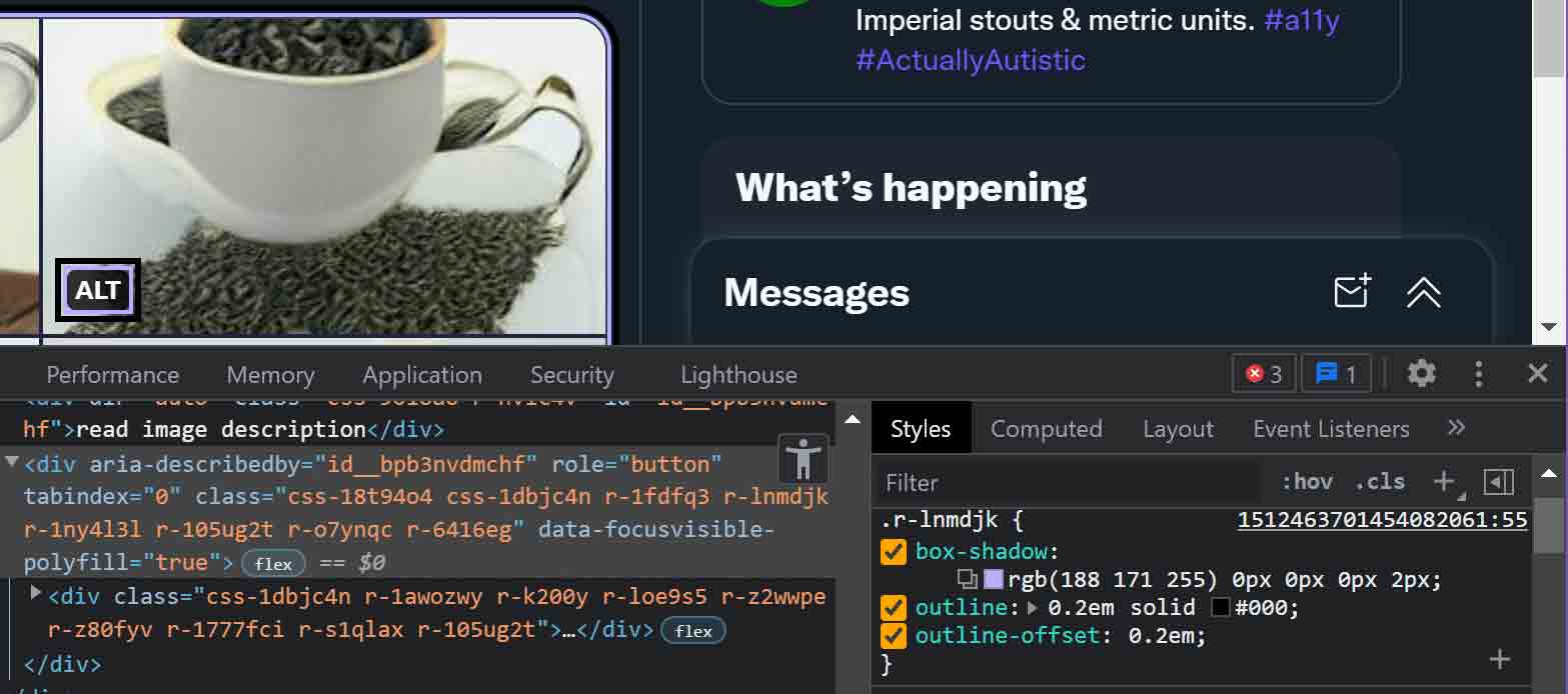 The styles in this tweet applied to the ‘ALT’ badge, which produces an offset thick black border in addition to the colored drop shadow.