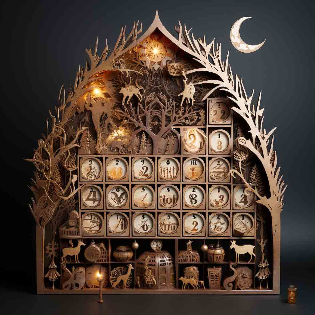 A wooden box in the shape of pointed arch holding a series of numbered drawers. The numbers on the drawers are nonsense. The arch edges have a tree branch motif. The top space within the arch not holding drawers has a forest scene carved out of the wood, and below the drawers are animal shapes, tiny baskets, and bird cages carved from the same wood. There are four tiny lights set within the assorted carvings.