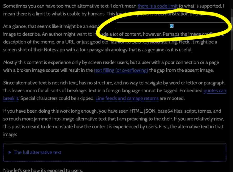 There is a box with a border, a broken image icon, no visible alternative text, and it takes up half the width of the window and the height of one line of text.