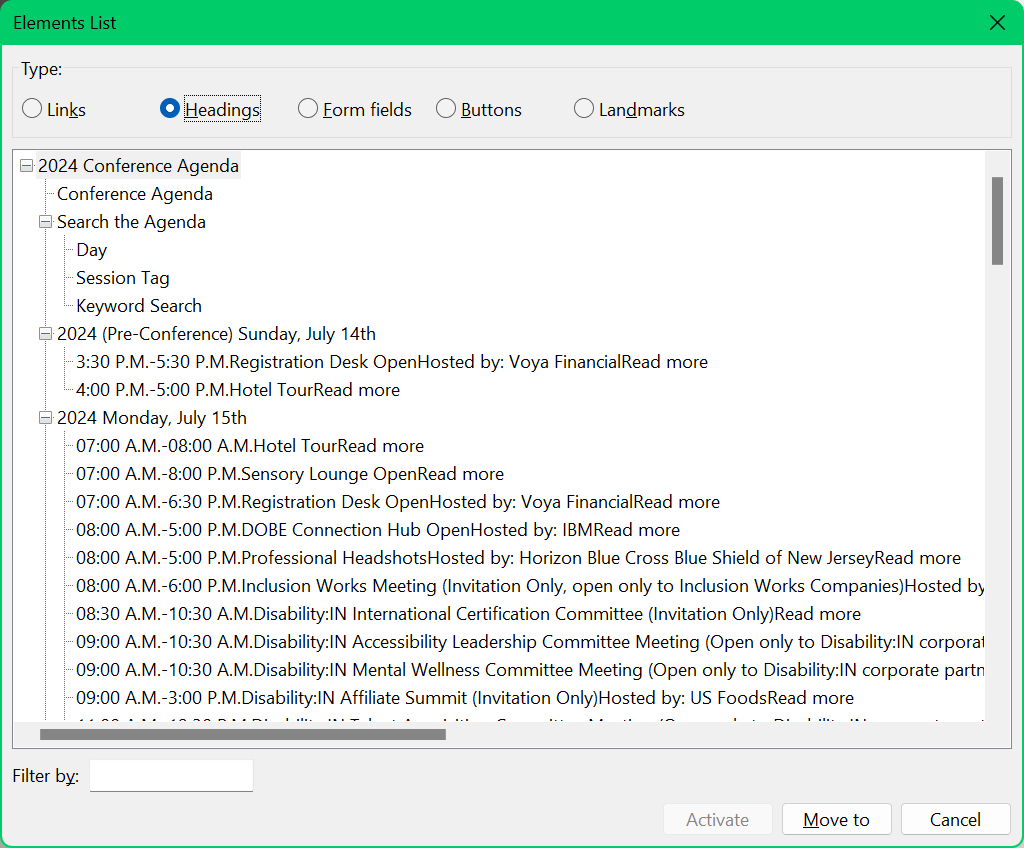 In NVDA's headings viewer, dates are headings level 2 and their sessions are headings level 3.